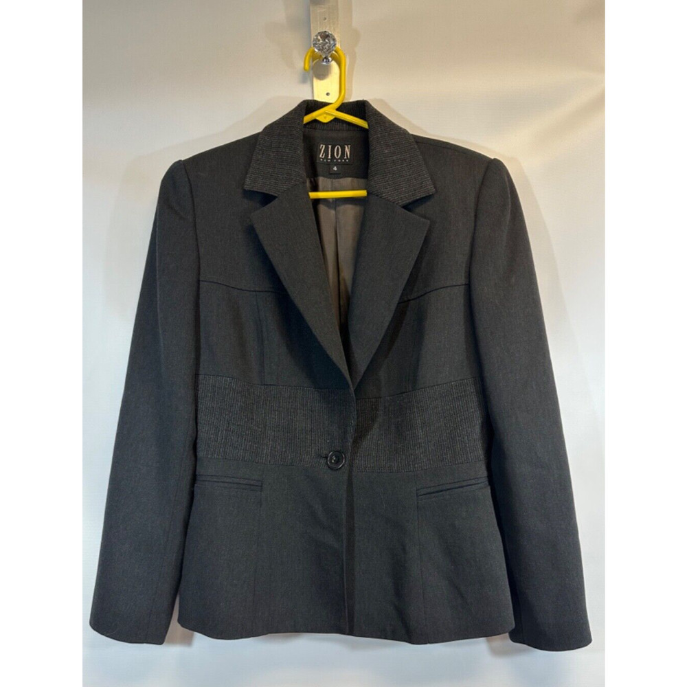 ZION New York Gray Fitted Ladies Blazer Jacket SZ 4 Made Italy Wool One button